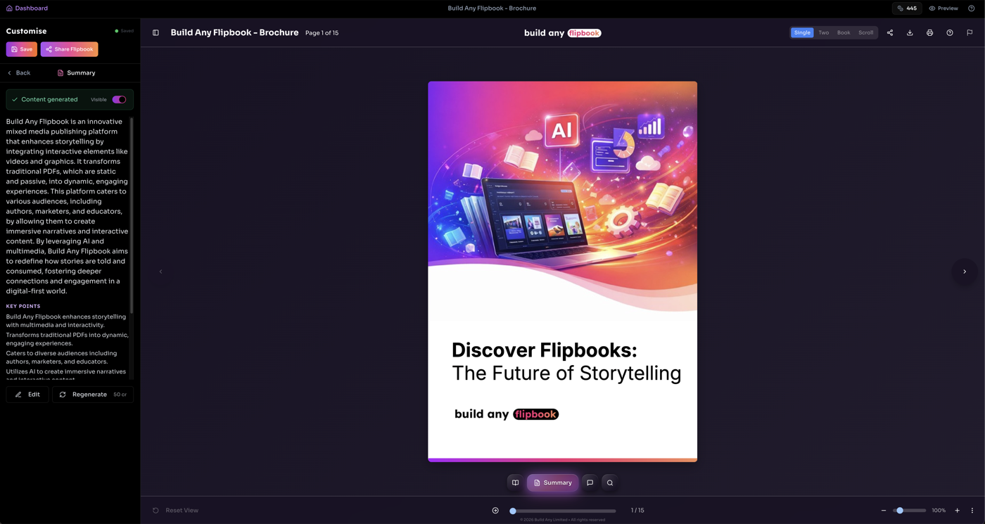 AI generating a summary in edit mode with the live preview on the right