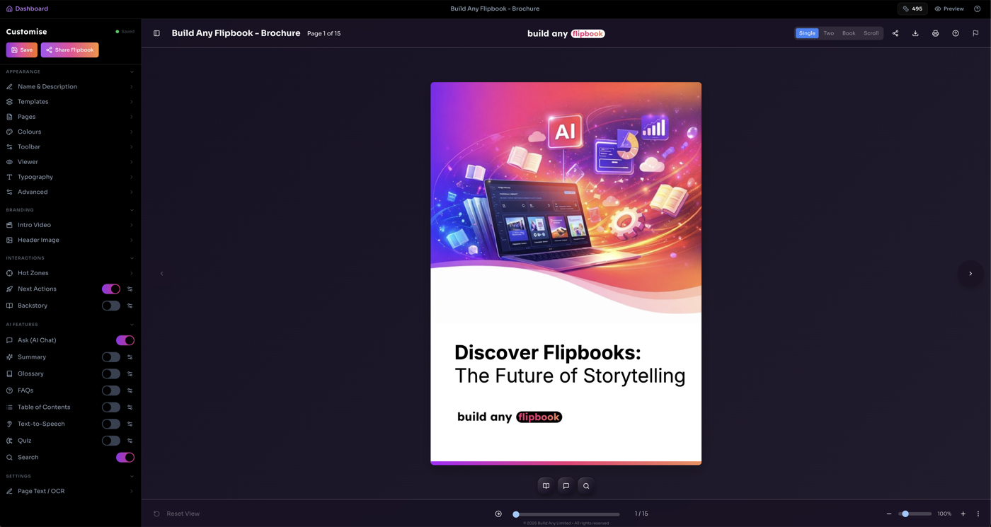 Edit mode showing the Customise sidebar with accordion sections and live flipbook preview